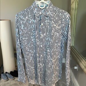 Bugatchi Men's Blue and White Striped Shirt